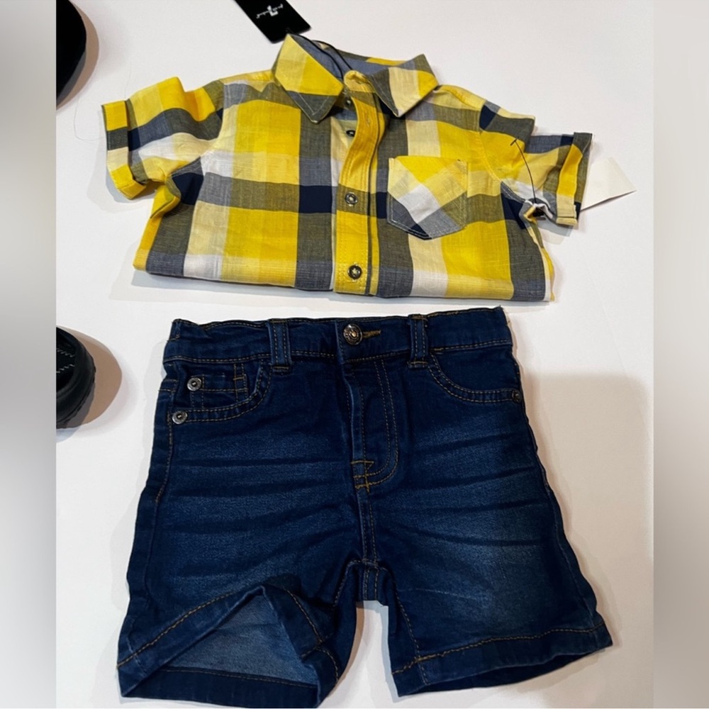 Yellow Plaid Kids Shirt & Jean shorts set by 7 For mankind new with tags - Picture 4 of 13